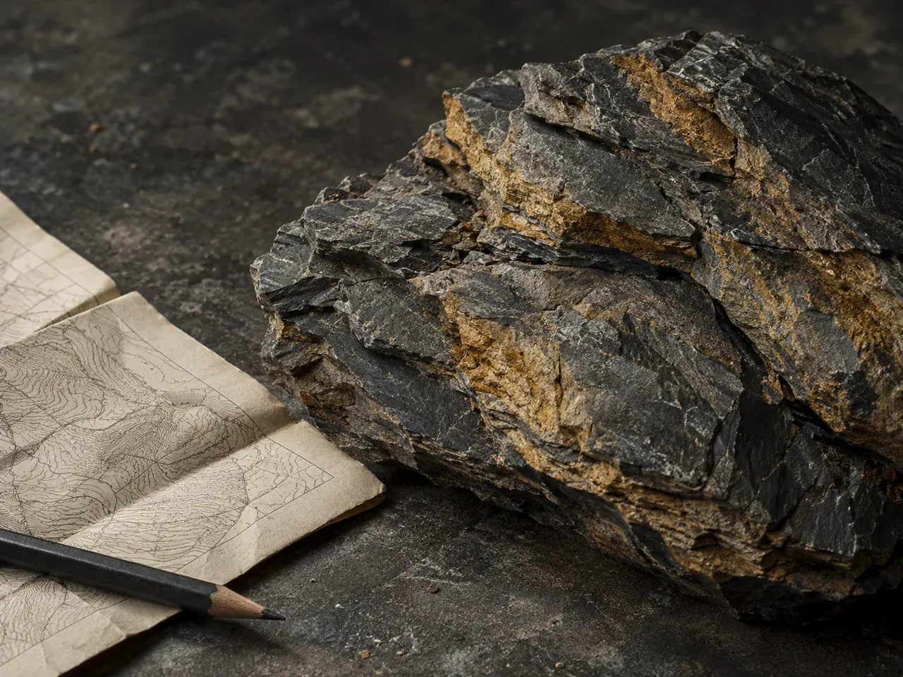 Roca estratificada junto a un mapa y un lápiz